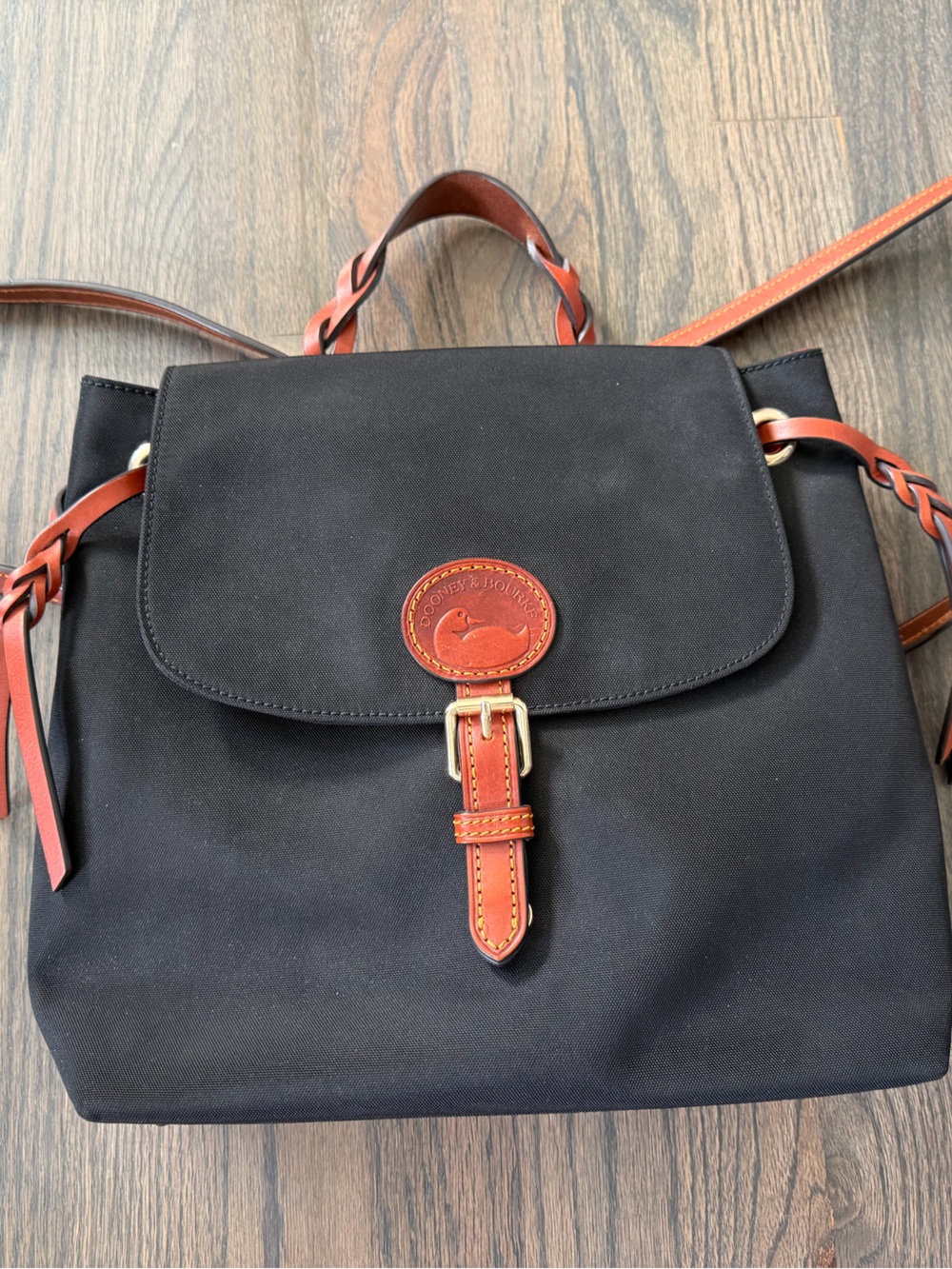 Dooney & Bourke Black Backpack with Brown Leather Trim
